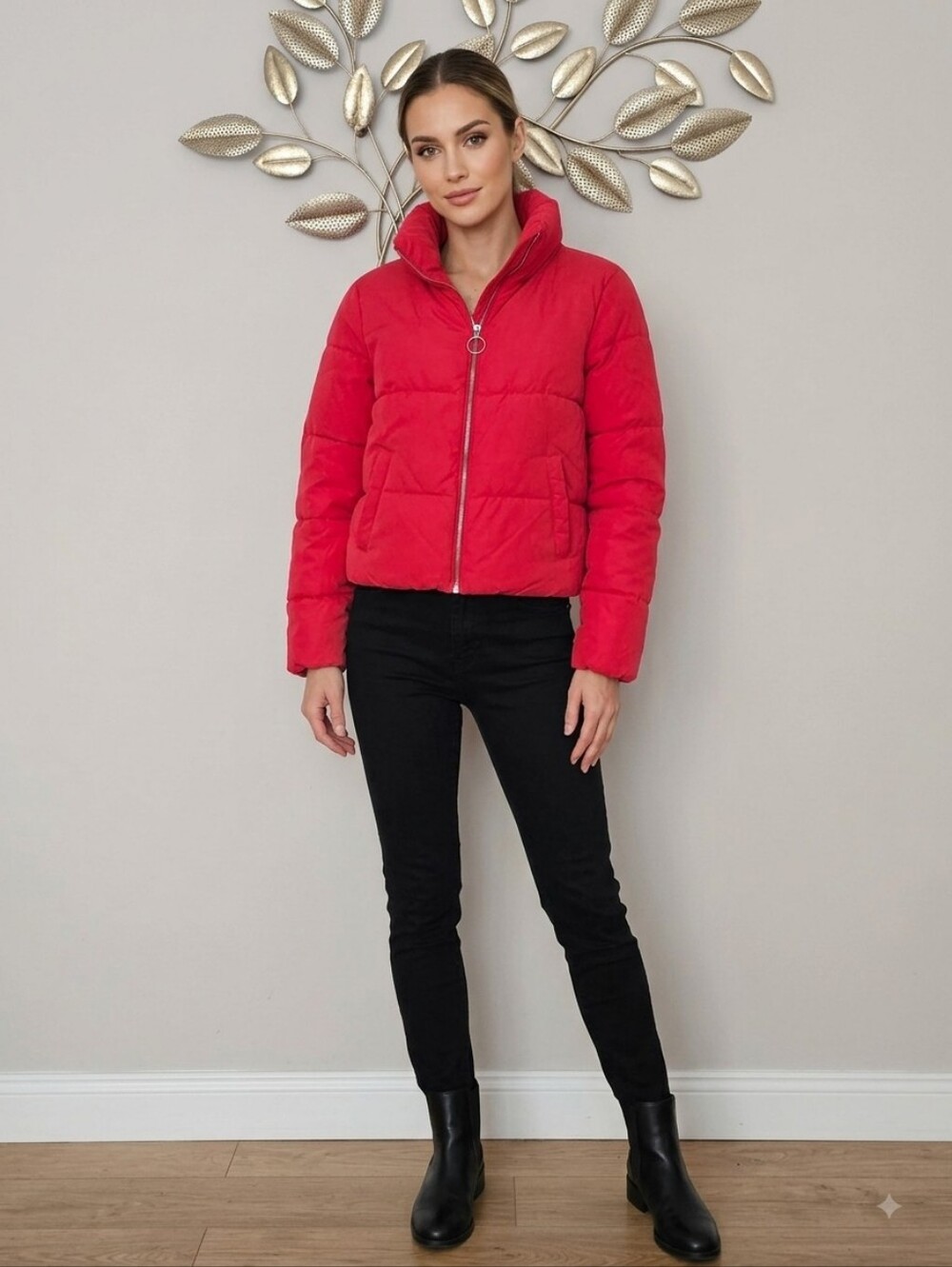 Only Bright Red Quilted Puffer Jacket with Ring Zipper Size S